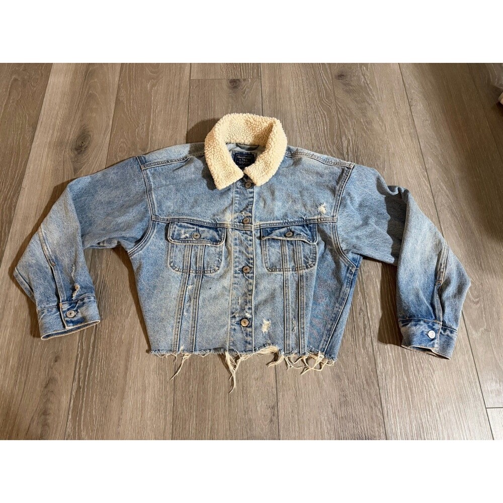 Abercrombie & Fitch Jacket Womens L Blue Denim Sherpa Collar Cropped Distressed